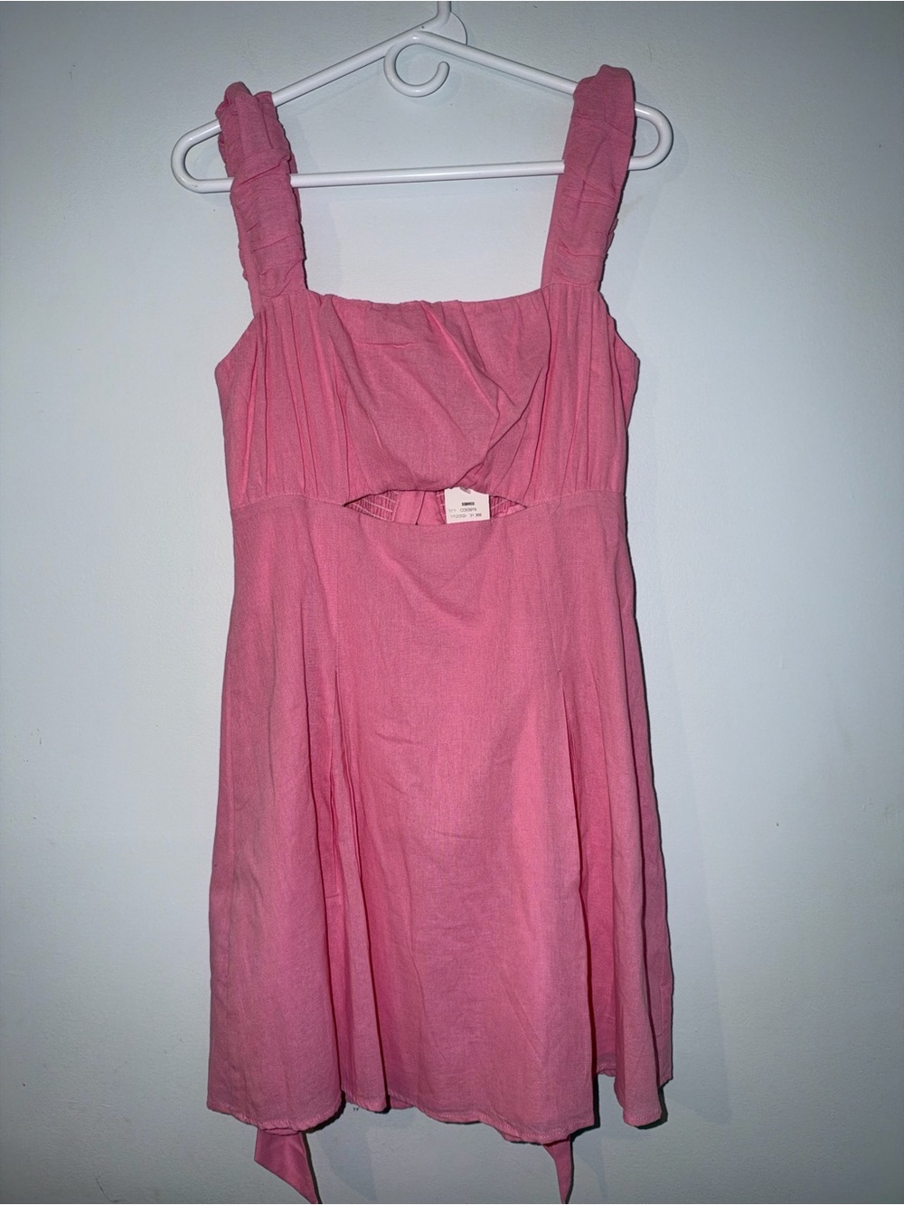 Pink Linen Mini Dress Ruched Tie Back Cottagecore Sundress Medium